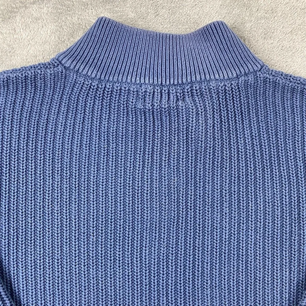 Vtg LL Bean Mens L Sweater Blue Cotton Shaker Stitch Mock Neck Quarter Button